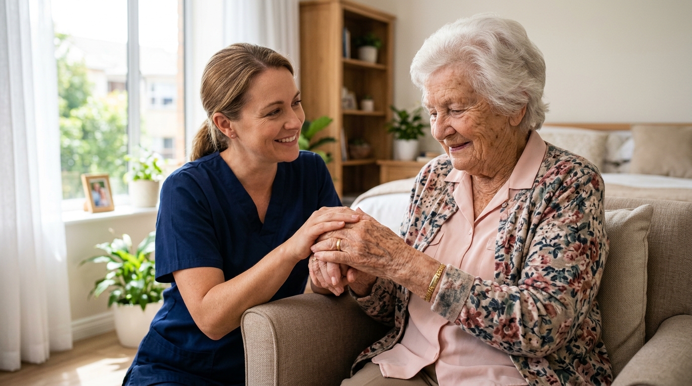 Caregiver supporting elderly nursing home resident in North Carolina