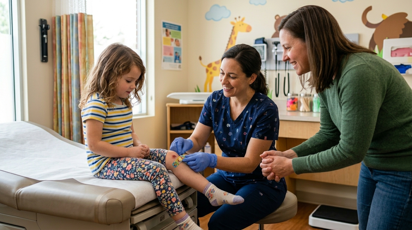 Medical professional treating child dog bite injury