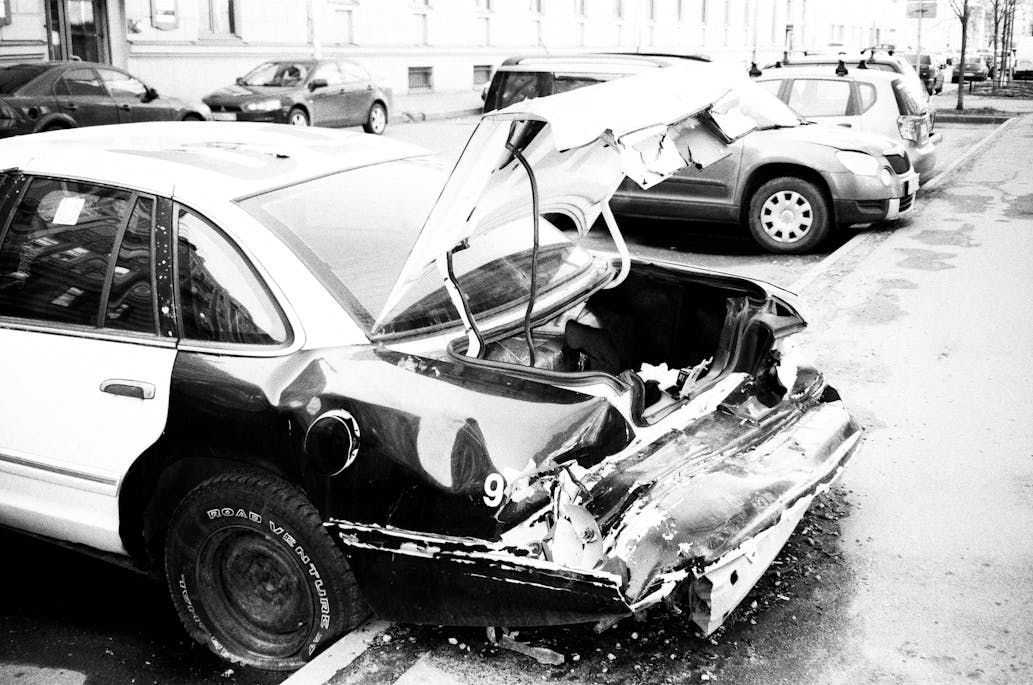 Damaged vehicle after a car accident showing rear-end collision damage